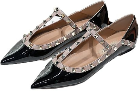 Damen Ballerinas aus Lackleder mit geschlossener spitzer Spitze und Nieten, modische T-Riemen mit flachem Absatz und Nieten, Bequeme Arbeitsschuhe,Schwarz,38 EU