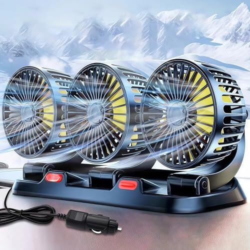 Shengruili Auto Ventilator,12-V-Autolüfter mit drei Köpfen,360° drehbarer Dreikopfventilator,Auto Kfz Lüfter,Autolüfter,Auto Ventilator für Rücksitz,RV, LKWs, SUV