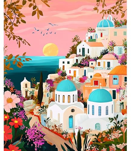 NEWENMO Paisaje de Islas Griegas Pintar por Numeros Adultos,Hermosas Flores Pintura por Numeros Kit,DIY Paint by Numbers,con Pinceles y Pigmento Acrílico,para Decoración del Hogar,Sin Marco-40x50cm