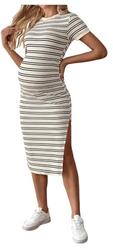 GORGLITTER Women's Maternity Short Sleeve Dresses Ribbed Striped Crewneck Split Midi Pregnancy Dress Khaki Medium