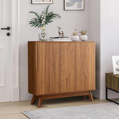 Akzent Buffet Schrank mit verstellbaren Regalen, geriffelte Anrichte Schrank mit 2 Türen, Mid Century Modern Credenza Sideboard Buffet Lagerung für Küche, Esszimmer und Eingangsbereich (Walnuss)