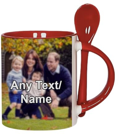 Personalised with Your own Text/Image/Any Name Mug with Spoon – Colour Inside Coffee Cup – Gift for Him, Her, Friends, Family. (Red)