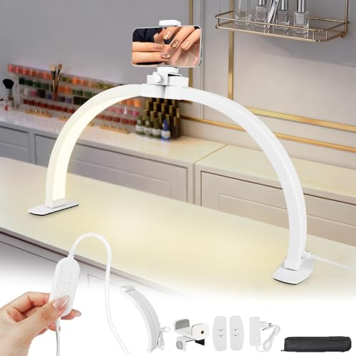 LPQKCcY Half Moon Light for Nail Desk, 22 Foldable Nail Table Lamp with Phone Stand, 3 Color Modes and 10 Brightness Adjustable, Arch Light for Manicure Art, Eyelash Extensions, Beauty, Tattoo