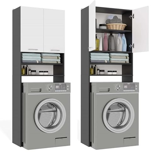 CDF Waschmaschinenschrank Waschmaschinenumbauschrank Waschmaschinenüberbau mit Türen Überbauschrank 2 Innenfächern 2 Ablagen Waschmaschine Waschmaschinenregal Badschrank -Anthrazit/Weiß