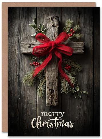 Artery8 Christmas Card Wooden Cross With Pine Holly and Red Bow