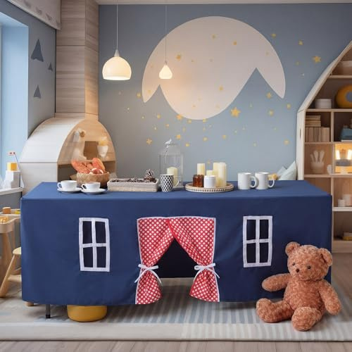 Oudain 10ft x 7.5ft Large Playhouse Table Cloth Table Tent Cover Playhouse Indoor Outdoor Tablecloth for Birthday Party Playground Room Play Accessory (Blue Red Colors,Polka Dots Style)