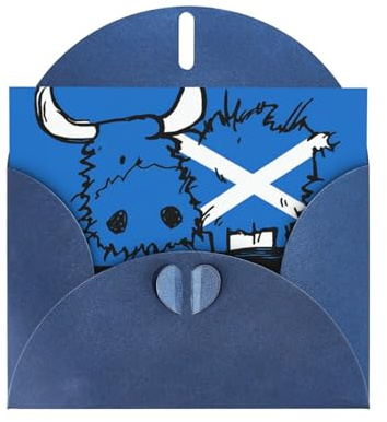 Grußkarte mit schottischer Flagge und Hochlandrindern, mit Umschlag, Geburtstagskarte, Weihnachtskarte, Einladungskarte, 3 Farben