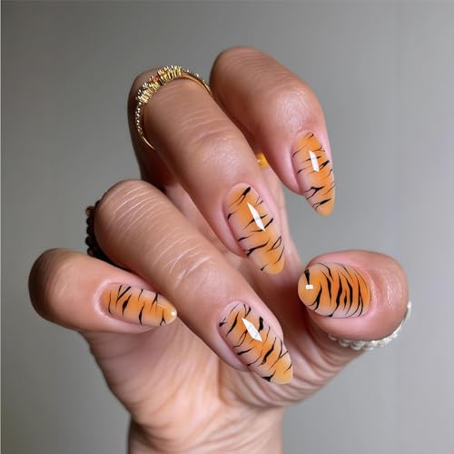 Zosutetoxo 24stück Tiger Streifen Press On Nails: Mandelförmige Nägel zum Aufkleben mit Verlauf Design, Glänzende Tier Print Kunstnägel Vollcover für Damen Maniküre