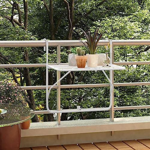 Mandloder Klappbarer Balkontisch Weiß 60x40 cm, wetterfester Stahl E-beschichtet, platzsparend, ideal für Terrasse, Veranda, Geländer, vielseitig einsetzbar