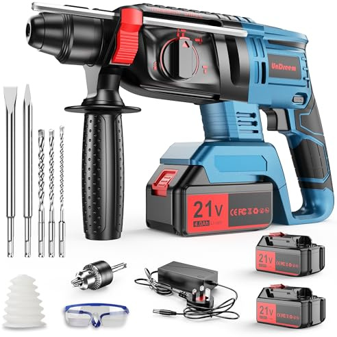 Martillo Perforador a Batería, Martillo Percutor 21V con 2 Baterías de 4000mAh, 4 Funciones en 1, Adaptador SDS Plus (con Portabrocas, Para Martillos Perforadores), 3 Brocas, 2 Cinceles
