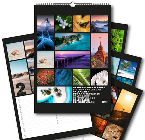 Timr Geburtstagskalender DIN A3 - Jahresunabhängig ohne Datum - tr418 | Kalender für Geburtstage, Collage, Motiv Fotokalender mit Natur Tiere Landschaften, immerwährend, Hochformat, Spiralbindung