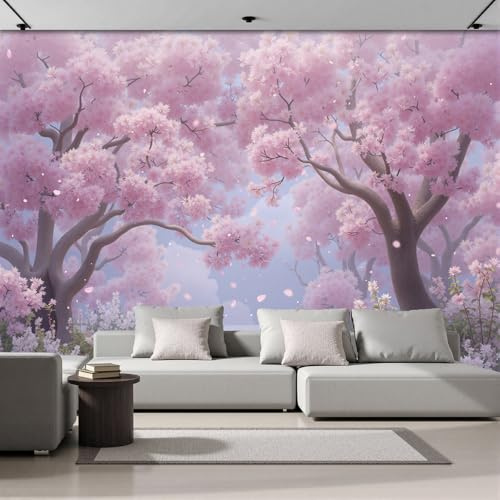 NAWVNMI Photo Wallpaper 400 x 280cm Silk Cloth Cherry Blossom Trees Print Wall Mural Decoration Poster Picture Romantic Scenery, Pink, Poster Living Room Bedroom Wall Covering