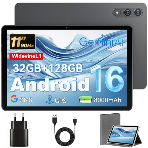 Hasskya Tableta 11 Pulgadas con Funda, Tablet Android 16, T7250 Octa-Core | 32GB+128GB, 8000 mAh, Cámara 8MP + 16MP, WiFi 6, 90Hz,1920 x 1200, Widevine L1, GMS, GPS, Gemini AI, Ampliable hasta 1TB