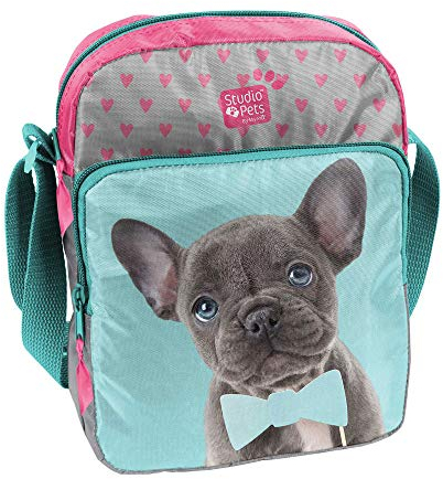 Kinder Schultertasche 24x18x6 cm - Studio Pets - Hund & Katze MIT Fliege - TÜRKIS/GRAU/ROSA