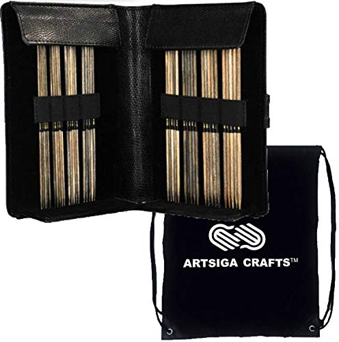 Lykke Driftwood DPN Doppelpunkt-Stricknadel-Set, 15,2 cm, kleine Größen, Birkenholz, US-Größen 0, 1, 1,5, 2, 2,5, 3, 4 und 5, inklusive schwarzem Denim-Etui-Bündel mit Artsiga Crafts Projekttasche