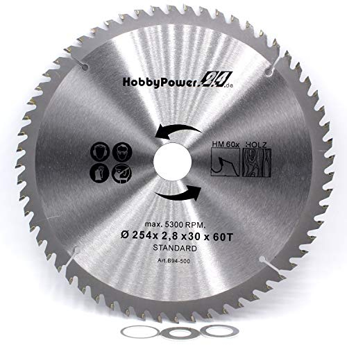 Lame de scie circulaire 254 x 30 mm 60 dents + 3 bagues de réduction sur 25,4/20/16 mm pour scie circulaire de table Scheppach HS105, HS110