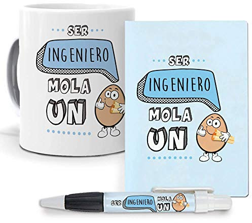 mundohuevo Pack Original y Personalizado para Regalo de Trabajos y Profesiones. Ser Ingeniero Mola un Huevo. Libreta, boligrafo y Taza Maxima Calidad.