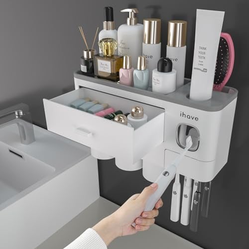iHave Zahnbürstenhalter Wand,Badezimmer Zahnbürstenhalter mit Zahnpastaspender, 3 Becher Toothbrush Holder mit Schublade, großer Kapazität Zahnbürsten Organizer Badezimmer Weiß