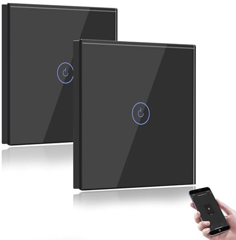 BSEED Smart Lichtschalter 1 Fach 2 Wege Wifi Smart Lichtschalter arbeitet mit Amazon Alexa and Google Home,Glas Touchscreen-schalter Schwarz-2 Pack(Erforderlich NeutralDraht)