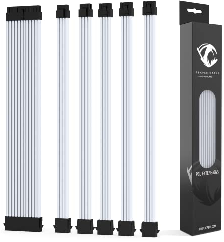 Reaper Cable Premium - Juego de extensiones de fuente de alimentación con mangas - Peines de cable de aluminio - 1 x 24 pines / 2 x 4 pines / 3 x 6 + 2 pines - 30 cm (blanco)