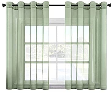 CUTEWIND Voile Gardinen Wohnzimmer Kurz mit Ösen 2er Set Vorhänge Grün Transparent 160 cm Hoch 140 cm Breit Ösenschal für Küche Fenster Schlafzimmer Curtains Living Room
