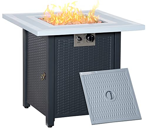 Outsunny Square Propane Gas Fire Pit Table, 40000 BTU Rattan Smokeless Firepit Patio Heater with Lava Rocks and Lid, 71cm x 71cm x 62cm, Black