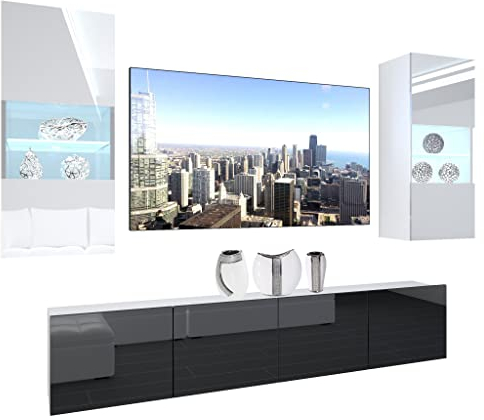 BELINI Wohnwand Vollausstattung Wohnzimmer-Set Moderne Schrankwand mit LED-Beleuchtung Anbauwand TV-Schrank Weiß/Schwarz