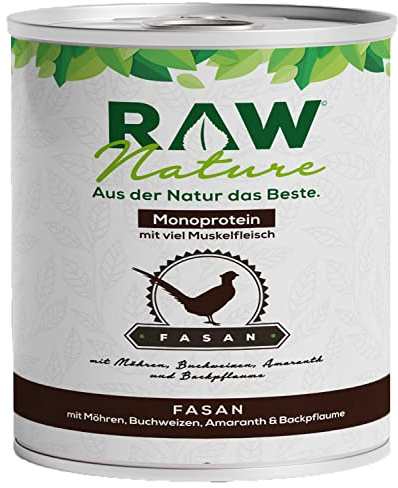 RAW Nature Fasan Pur Hunde-Nassfutter – 800g, Möhren & Buchweizen | Getreidefreies Hundefutter mit Fasan als Monoprotein, viel Fleisch, Möhren, Buchweizen, Amaranth und Backpflaume.