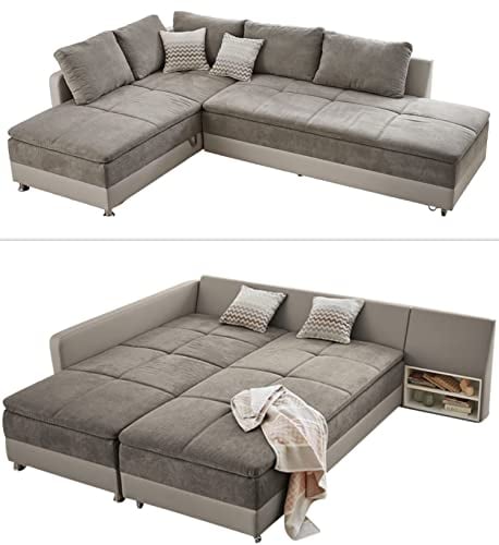 Federkern Ecksofa 306x223 cm Dauerschläfer, Doppelbett Schlaffunktion, Kaltschaum-Topper, Bettkasten, Regal, Schwenkteil RECHTS, Mikrofaser-Bezug Grau Braun, Korpus Kunstleder Beige / 15102