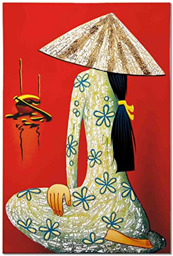 Art Saigon Tableau en Bois Laqué Peint, Femme Vietnamienne, Fait Main, H45xL30cm - Peinture, Panneau Mural de Décoration, Style Asiatique - Artisanat du Vietnam (S44-7061)