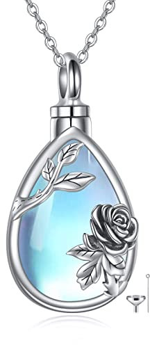 YAFEINI Rose Flower Urn Necklaces for Ashes Sterling Silver Teardrop Moonstone Rose Flower Cremation Jewelry for Ashes Memory Jewellery for Women Men