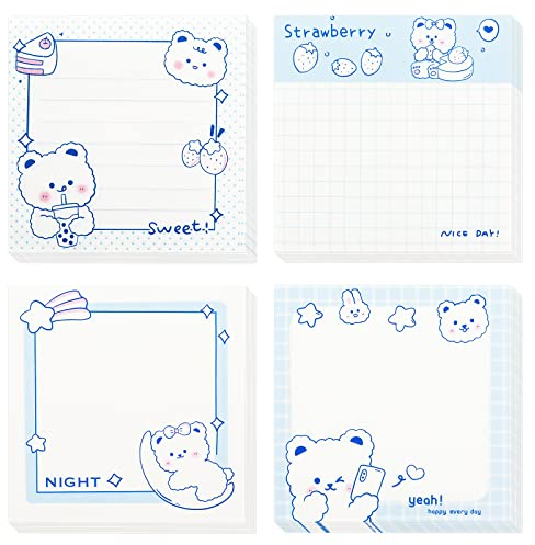 TIESOME Niedliche Haftnotizen, 320 Blätter Bär selbstklebende Notizblöcke Kawaii Haftnotizen Memoblock Haftnotizblöcke für Kinder Studenten Schule Büro(4 Blöcke 80 Blätter/Pad) (Stil A)