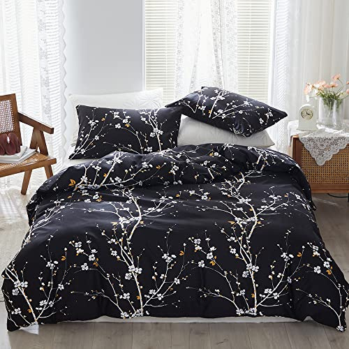 Nyescasa Bettwäsche 135x200 2 Teilig Schwarz Blumen Botanisch Muster Bettwäsche-Set Blume Zweig Design Wendebettwäsche Weiche Mikrofaser Bettbezug mit Reißverschluss und Kissenbezug 80x80cm
