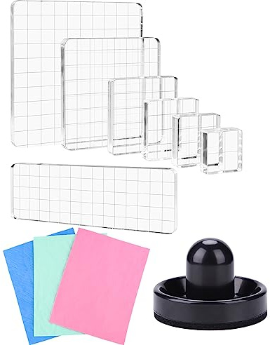 11 Stück/Set 7 Acrylblöcke, transparenter Stempelblock mit Raster mit 1 Pressstempelwerkzeug, 3 Stempel-Reiniger-Set, Stempelwerkzeuge für Scrapbooking, Basteln, Kartenherstellung, verschiedene Größen