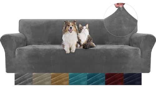 YSTELLAA Samt Sofabezug 4 Sitzer, Stretch Sofa Überzug, Sofaschoner rutschfest, Elastischer Couch Überzug, Sofa Cover Mit Armlehnen, Couchüberzüge Sofaschutz Katze, Grau