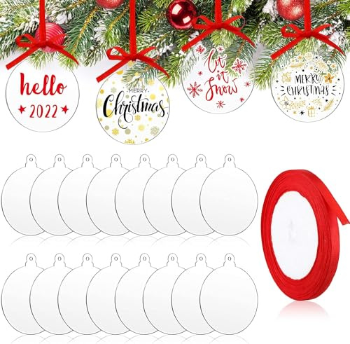 LATERN 60 Stück Weihnachtskugel Klare Acrylscheiben Ornamente, 7,6CM Runden Acryl Weihnachtsschmuck Leere Flache Kugeln mit Löchern und Rotem Band für Weihnachtsbaum Party Hängend Dekoration