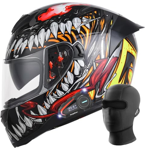DXDRT Bluetooth Motorradhelm Full Face Motorradhelm mit Mikrofon DOT/ECE Genehmigt Heckflügel Design Geräuschreduzierung mit Anti-Fog Doppelvisier für Erwachsene Männer und Frauen,Venom,XXL