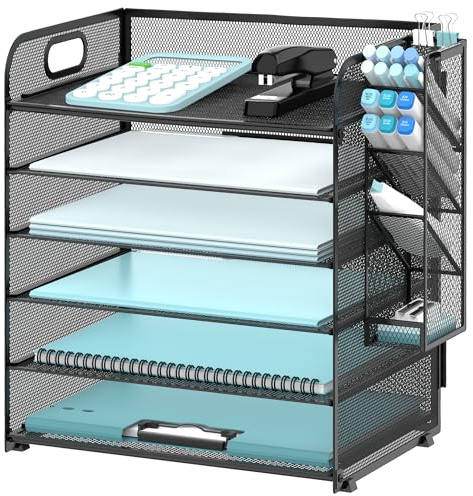 SUPEASY Schreibtisch-Organizer mit 6 Etagen und 4 Stifthaltern, Netzpapier-Organizer mit Griff, Schreibtisch-Organizer, Ablage für A4-Aktenordner, Schwarz
