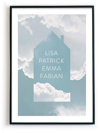 Personalisiertes Haus Bild – Familien Poster mit euren Namen – Personalisiertes Geschenk zum Geburtstag, Weihnachten, Einzug, Hausbau, Richtfest – optional im Bilderrahmen (Blau)