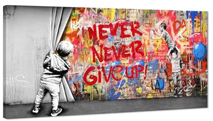 Banksy Wandkunst für Wohnzimmer, Junge hinter dem Vorhang, Graffiti-Wanddekoration, bunte Poster, inspirierende Leinwanddrucke, Kunstwerk, Heimbüro, gerahmt, fertig zum Aufhängen, 101,6 x 50,8 cm (B x