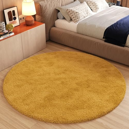 TAPISO Essence Teppich Rund Gelb Senffarbe Hochflor Langflor Shaggy Einfarbig Weich Flauschig Schlafzimmer Wohnzimmer Kinderzimmer ÖKO-TEX 100 x 100 cm