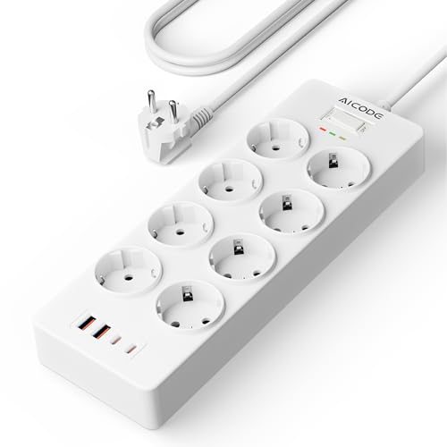 AICODE Mehrfachsteckdose,8-Fach Steckdosenleiste mit 4 USB (2 USB C), Steckdosenleiste Wandmontage(4000W) Überspannungsschutz 1050J mit 1.5M Verlängerungskabel für Smartphones, Laptop weiß.