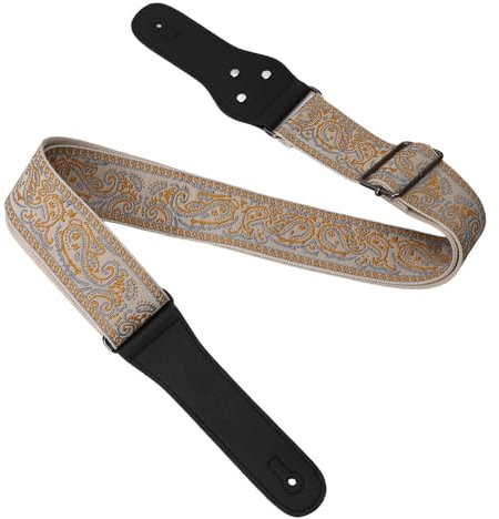 Gitarrengurt für Akustikgitarre, Bestickter Vintage-Gitarrengurt, Hochwertige Materialien, Verstellbare Länge, für Akustikgitarre, E-Gitarre, Bass (GOLD)