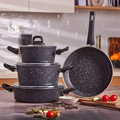 FEIGUO Juego de 7 Utensilios de Cocina, Cacerola, Olla y sartén, Cocina de Acero Inoxidable de Granito Antiadherente (Color: Rosa) (Paquete Variado Rosa) (Paquete Variado Negro)