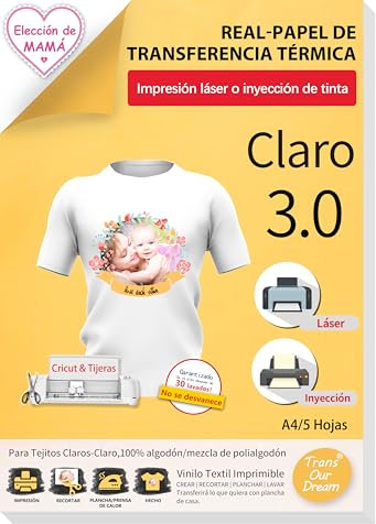 TransOurDream Real - Papel de Transferencia Fácil de Usar. Sin Impresión de Espejo A4x5 Hojas Papel Transfer Para Camisetas Blancas y Tejitos Claros Plancha Térmica Camiseta,