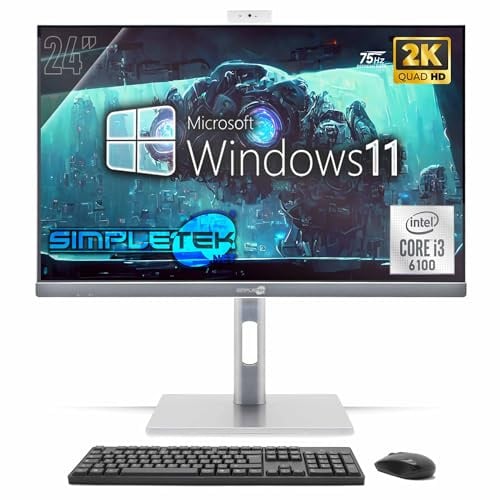 SIMPLETEK - All-in-One PC 24 2K 75Hz Core i3 | Windows 11 Pro 8GB RAM und SSD 240GB | Computer All-in-One VESA-Anschluss Webcam Built-in Stand verstellbar