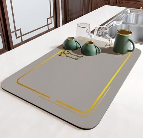 Odot Tapis Egouttoir Vaisselle, Tapis Absorbant Vaisselle Couleur Pure Cadre d'or Tapis Vaisselle Egouttoir Absorbant pour Comptoirs de Restaurant de Cuisine de Bar Café (40x50cm,Gris Clair)