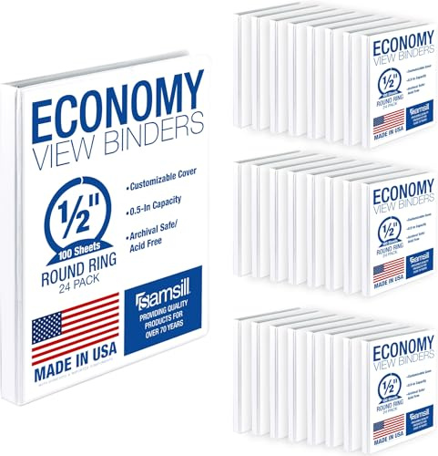 Samsill Economy 0.5 Inch 3 Ring Binder, Made in The USA, Round Ring Binder, Customizable Clear View Cover, White, 24 Pack