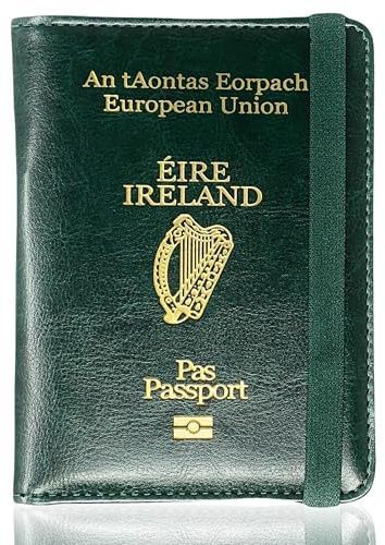 MOIRENTO Irish Passport Cover & Holder, PU Leather, RFID Blocking, Green | PU leather Irish passport cover & holder, RFID blocking, card slots, elastic strap, slim 11x14.2cm