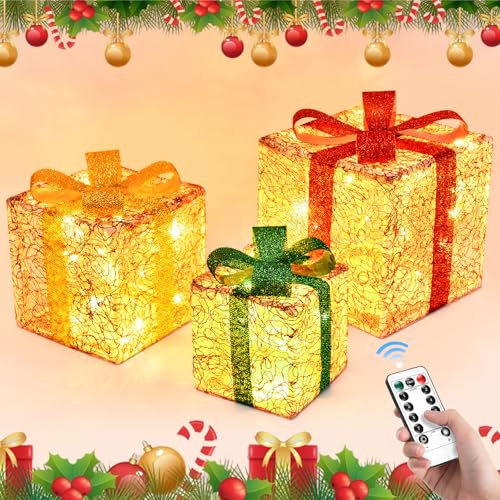 JONRRYIN LED Geschenkbox Weihnachten, 3er Set LED Deko Geschenkbox mit Fernbedienung, Timer, 8 Blitzmodus und Schleifen, Geschenkbox für Weihnachts Dekoration, Party und Geburtstag (3KIT)